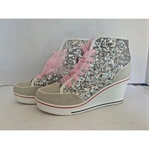 Yufu Star High Top Wedge Silver Glitter Sneakers Women’s Size 10 Eur 41